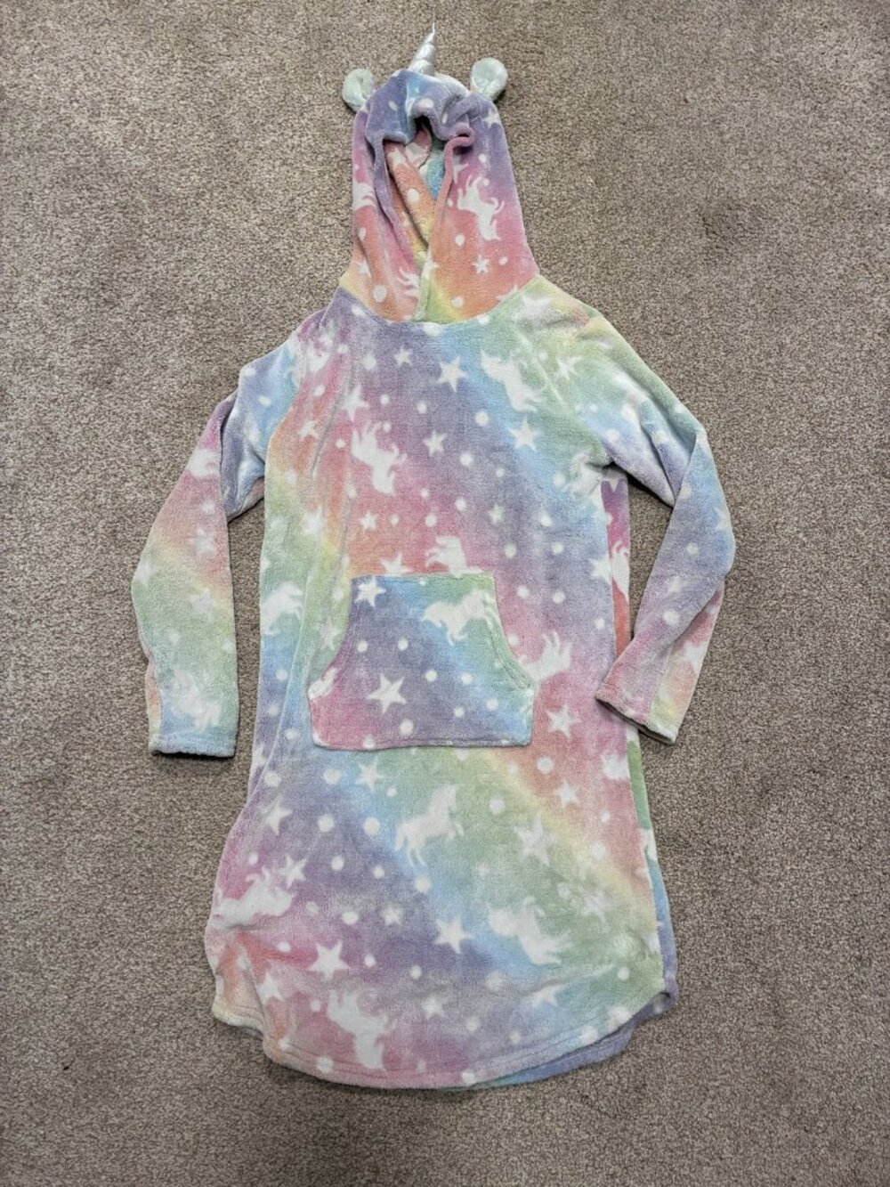 32 Degrees Heat Girls Unicorn Rainbow Plush Hooded Lounge Dress Size L 14/16